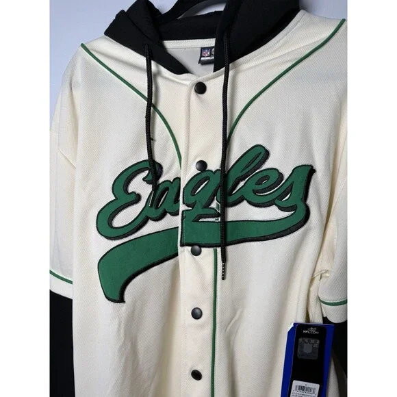 NWT NFL Philadelphia Eagles Hooded Baseball Jersey Cream Black Men's Medium $85 - Picture 3 of 14